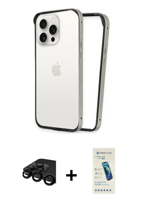 iPhone 15 Pro Kılıf Pusula Asil Koleksiyonu - Şeffaf Pasifik Cam Ekran Koruyucu + Siyah Raze Me