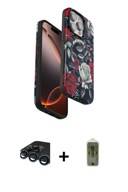 iPhone 15 Pro Kılıf Siluet Doku - Siyah Joko Magic 5D Hayalet Cam + Lacivert Raze Metal Kamera