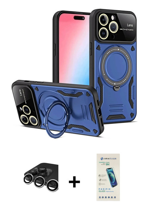 iPhone 15 Pro Kılıf Kıvılcım Modern Serisi - Şeffaf Pasifik Cam Ekran Koruyucu + Gümüş Raze Met