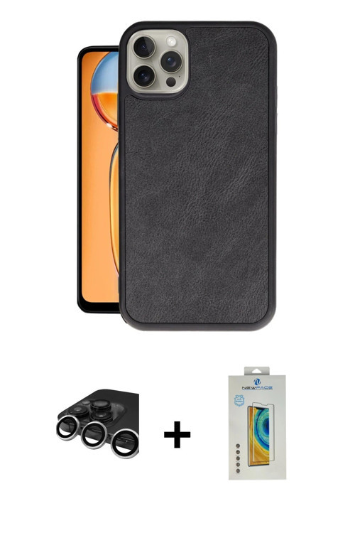 iPhone 15 Pro Kılıf Kıvılcım Işık Serisi - Siyah Polymer Nano Ekran Koruyucu + Gümüş Raze Metal