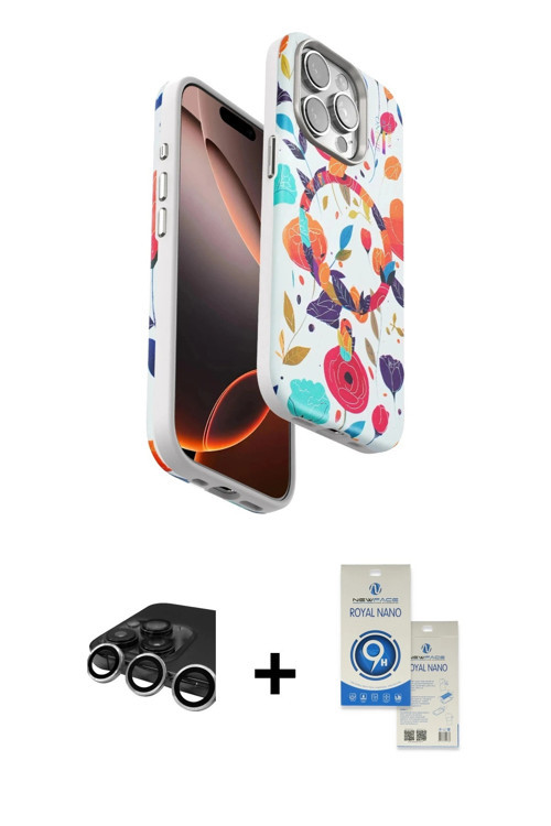 iPhone 15 Pro Kılıf Siluet Doku - Şeffaf Royal Nano Ekran Koruyucu + Gümüş Raze Metal Kamera Le