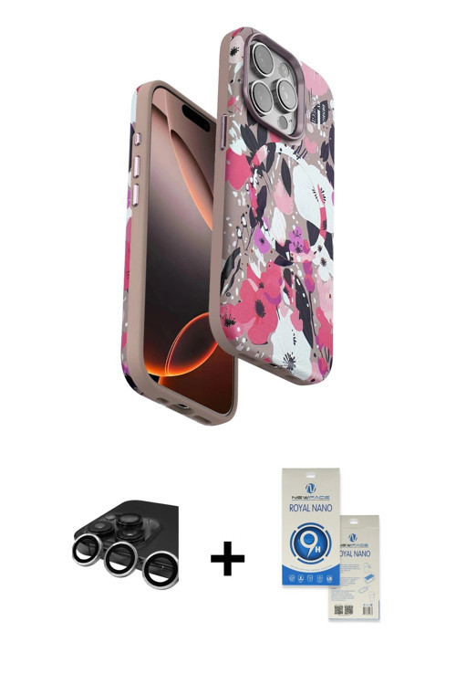 iPhone 15 Pro Kılıf Siluet Doku - Şeffaf Royal Nano Ekran Koruyucu + Gümüş Raze Metal Kamera Le