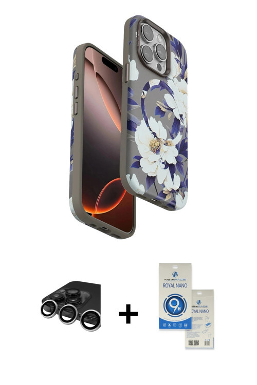 iPhone 15 Pro Kılıf Siluet Doku - Şeffaf Royal Nano Ekran Koruyucu + Gümüş Raze Metal Kamera Le