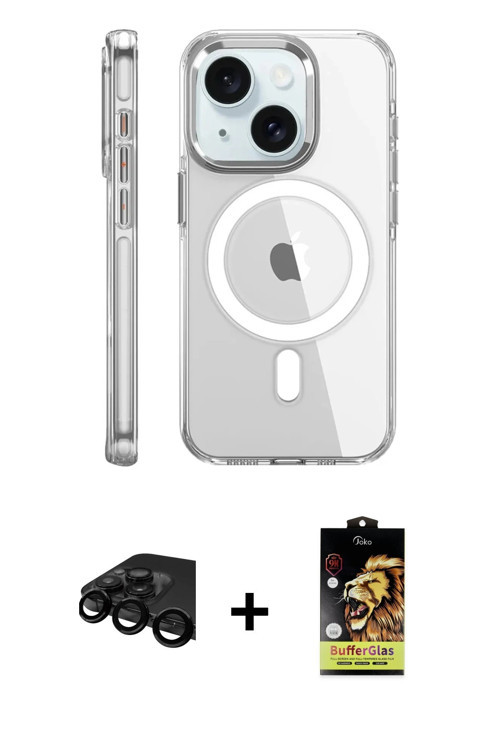 iPhone 15 Pro Kılıf Nova Doku - Siyah Buffer Cam Ekran Koruyucu + Siyah Raze Metal Kamera Lens