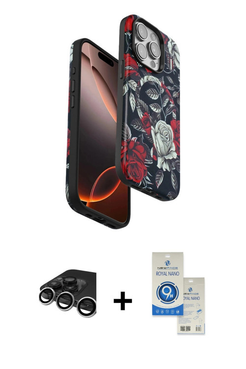 iPhone 15 Pro Kılıf Siluet Doku - Şeffaf Royal Nano Ekran Koruyucu + Gümüş Raze Metal Kamera Le