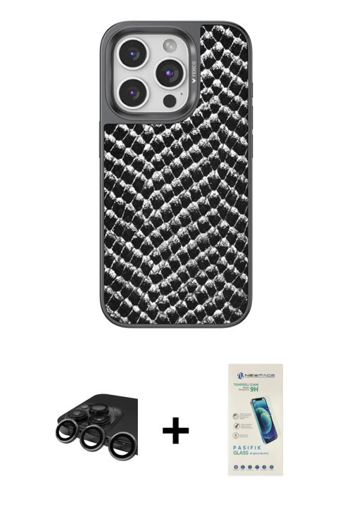 iPhone 15 Pro Kılıf Vadi Özel Seri - Şeffaf Pasifik Cam Ekran Koruyucu + Titanyum Gri Raze Meta
