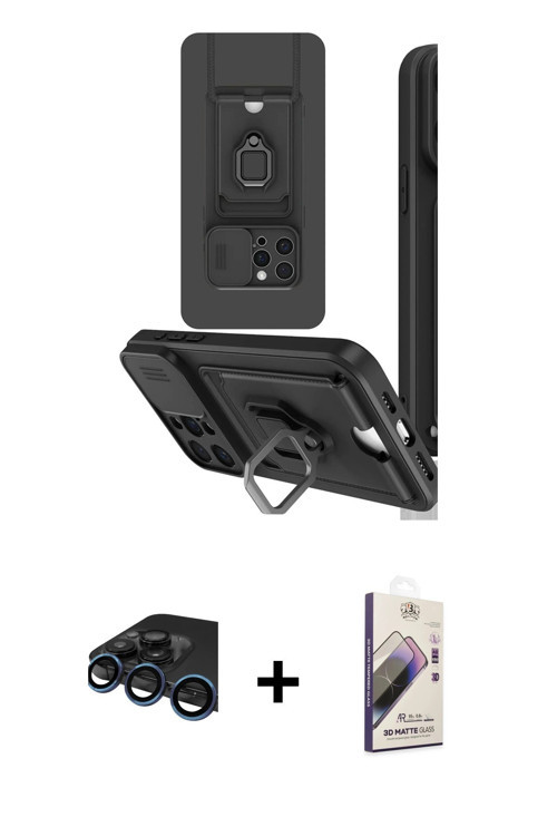 iPhone 15 Pro Kılıf Vadi Form Prime - Siyah Bilvis 3D Mat Cam Ekran Koruyucu + Lacivert Raze Me
