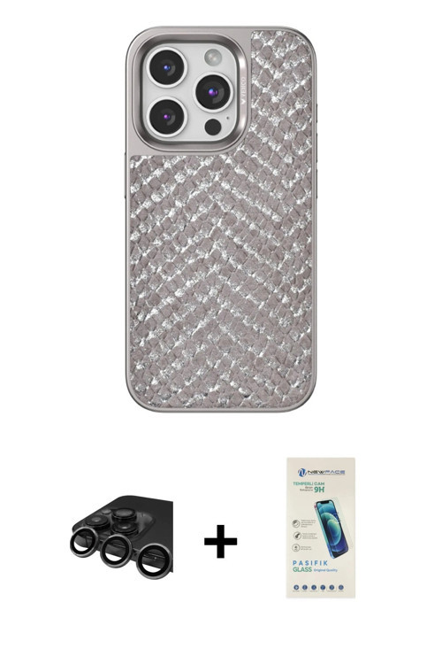 iPhone 15 Pro Kılıf Vadi Özel Seri - Şeffaf Pasifik Cam Ekran Koruyucu + Titanyum Gri Raze Meta