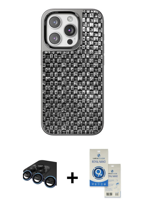 iPhone 15 Pro Kılıf Siluet Form Serisi - Şeffaf Royal Nano Ekran Koruyucu + Lacivert Raze Metal