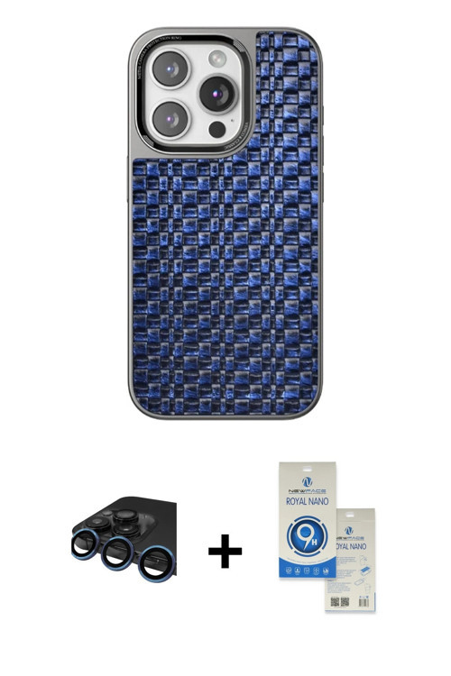 iPhone 15 Pro Kılıf Siluet Form Serisi - Şeffaf Royal Nano Ekran Koruyucu + Lacivert Raze Metal