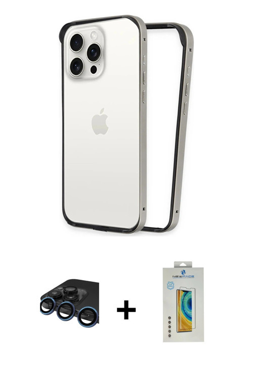 iPhone 15 Pro Kılıf Pusula Asil Koleksiyonu - Siyah Polymer Nano Ekran Koruyucu + Lacivert Raze