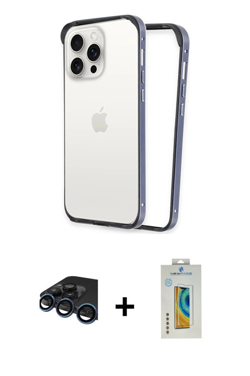 iPhone 15 Pro Kılıf Pusula Asil Koleksiyonu - Siyah Polymer Nano Ekran Koruyucu + Lacivert Raze