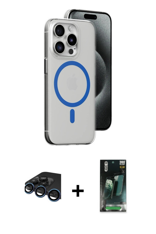 iPhone 15 Pro Kılıf Odak Form Özel Seri - Şeffaf 360 Full Body Arka Koruyucu + Lacivert Raze Me