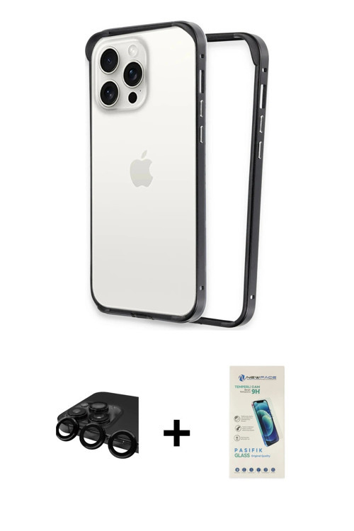iPhone 15 Pro Kılıf Pusula Asil Koleksiyonu - Şeffaf Pasifik Cam Ekran Koruyucu + Siyah Raze Me