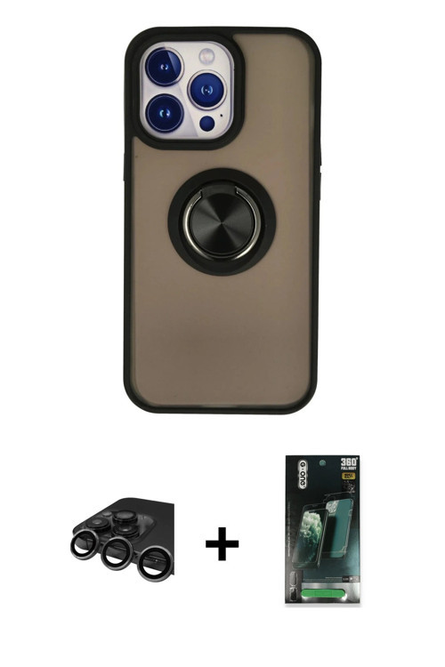 iPhone 15 Pro Kılıf Yörünge Çizgi - Siyah 360 Mat Full Body Arka Koruyucu + Titanyum Gri Raze M