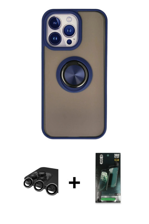 iPhone 15 Pro Kılıf Yörünge Çizgi - Siyah 360 Mat Full Body Arka Koruyucu + Titanyum Gri Raze M