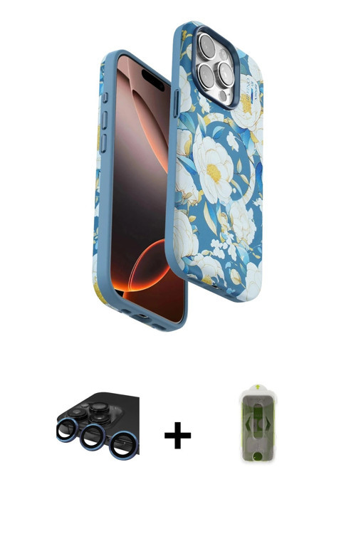 iPhone 15 Pro Kılıf Siluet Doku - Siyah Joko Magic 5D Hayalet Cam + Lacivert Raze Metal Kamera