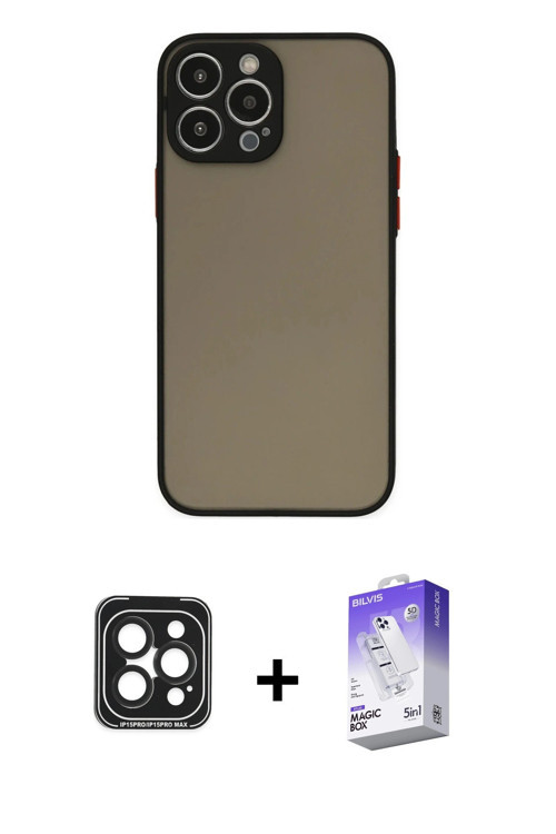 iPhone 15 Pro Max Kılıf Ahenk Çizgi Serisi - Siyah Bilvis 5in1 3D Magic Cam Ekran Koruyucu + Si