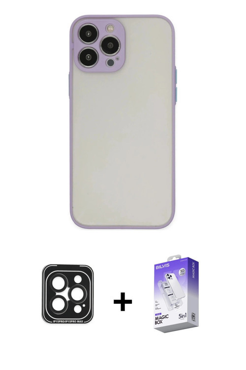 iPhone 15 Pro Max Kılıf Ahenk Çizgi Serisi - Siyah Bilvis 5in1 3D Magic Cam Ekran Koruyucu + Si