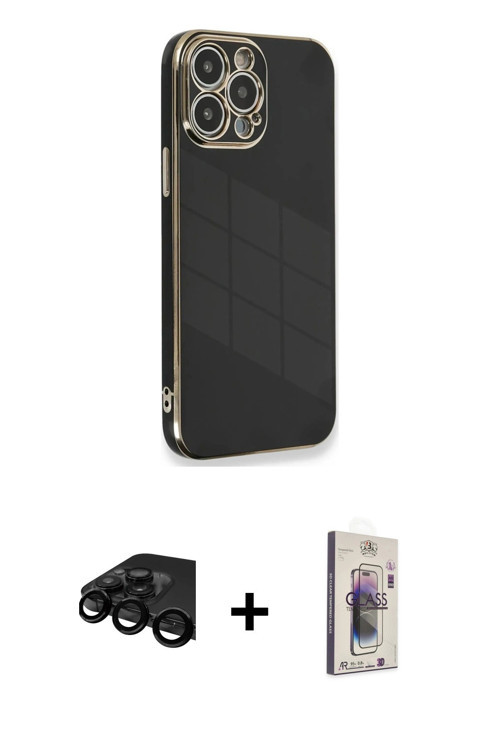 iPhone 15 Pro Kılıf Yankı Serisi - Siyah Bilvis 3D Cam Ekran Koruyucu + Siyah Raze Metal Kamera