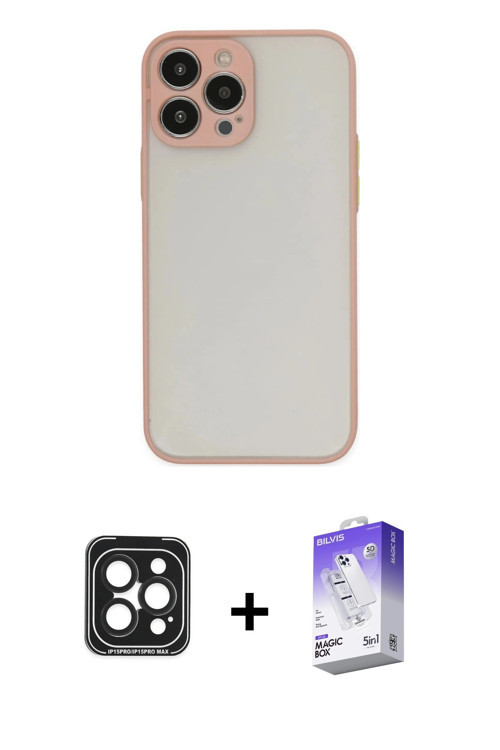 iPhone 15 Pro Max Kılıf Ahenk Çizgi Serisi - Siyah Bilvis 5in1 3D Magic Cam Ekran Koruyucu + Si