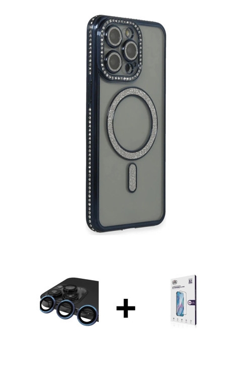 iPhone 15 Pro Kılıf Zirve Doku Prime - Siyah Bilvis 0.18mm Plus Cam Ekran Koruyucu + Lacivert R