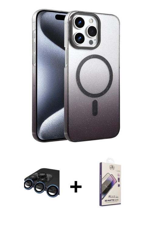 iPhone 15 Pro Max Kılıf Ahenk Doku Özel Seri - Siyah Bilvis 3D Mat Cam Ekran Koruyucu + Laciver