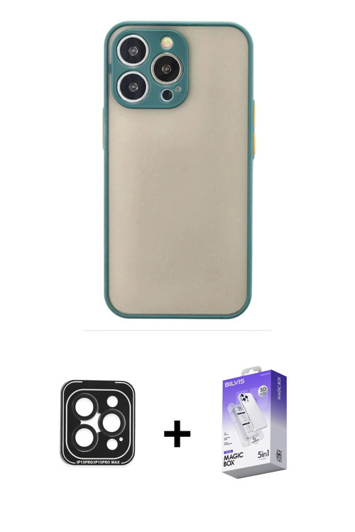 iPhone 15 Pro Max Kılıf Ahenk Çizgi Serisi - Siyah Bilvis 5in1 3D Magic Cam Ekran Koruyucu + Si
