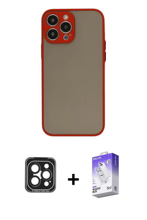 iPhone 15 Pro Max Kılıf Ahenk Çizgi Serisi - Siyah Bilvis 5in1 3D Magic Cam Ekran Koruyucu + Si