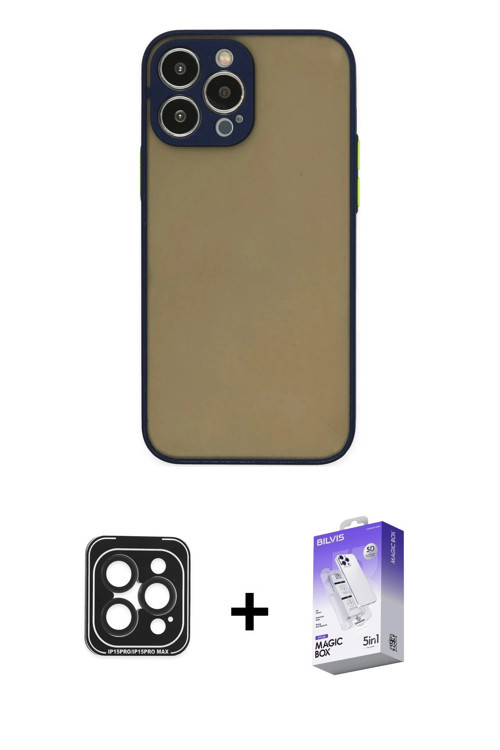iPhone 15 Pro Max Kılıf Ahenk Çizgi Serisi - Siyah Bilvis 5in1 3D Magic Cam Ekran Koruyucu + Si