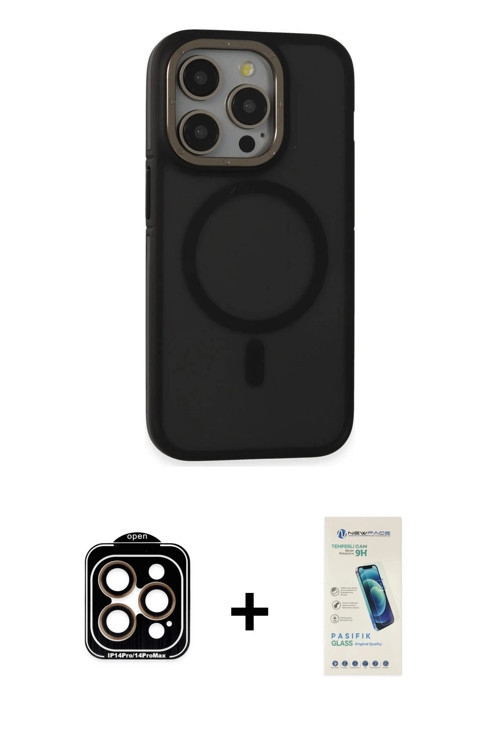 iPhone 15 Pro Max Kılıf Ahenk Form Serisi - Şeffaf Pasifik Cam Ekran Koruyucu + Turuncu PVD Met