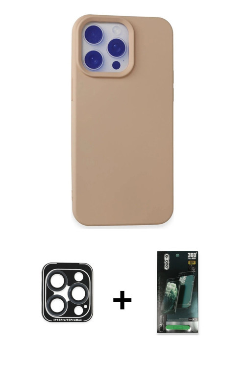 iPhone 15 Pro Max Kılıf Ahenk Serisi - Siyah 360 Mat Full Body Arka Koruyucu + Lacivert PVD Met