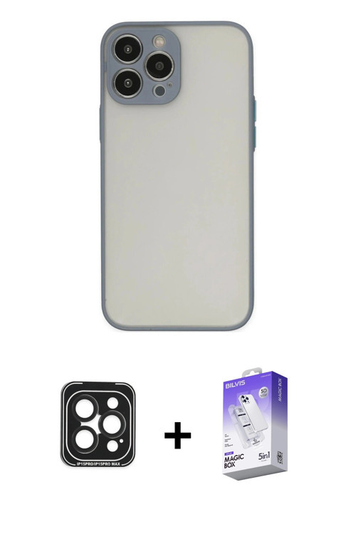 iPhone 15 Pro Max Kılıf Ahenk Çizgi Serisi - Siyah Bilvis 5in1 3D Magic Cam Ekran Koruyucu + Si