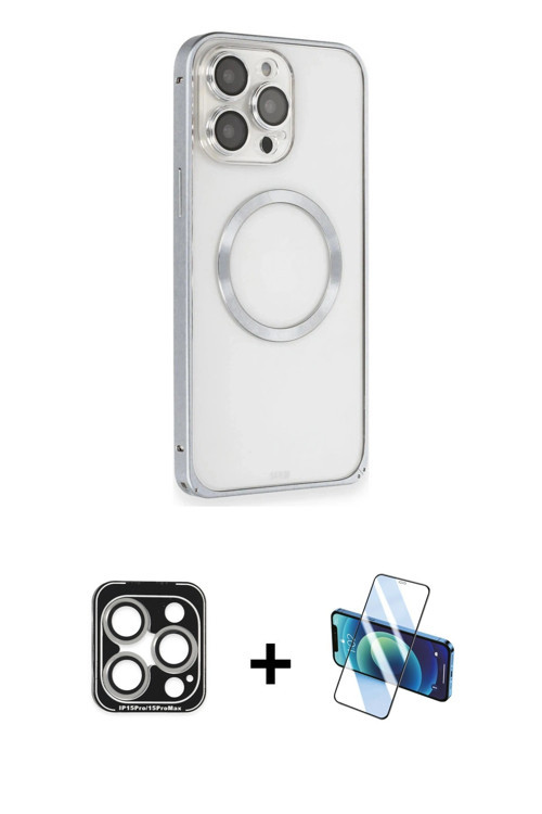 iPhone 15 Pro Max Kılıf Ahenk Işık Serisi - Siyah 3D Antistatik Cam Ekran Koruyucu + Gümüş PVD