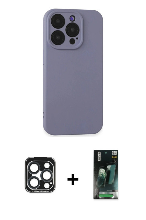 iPhone 15 Pro Max Kılıf Ahenk Serisi - Siyah 360 Mat Full Body Arka Koruyucu + Lacivert PVD Met