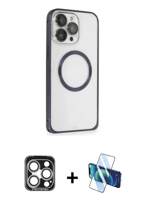iPhone 15 Pro Max Kılıf Ahenk Işık Serisi - Siyah 3D Antistatik Cam Ekran Koruyucu + Gümüş PVD