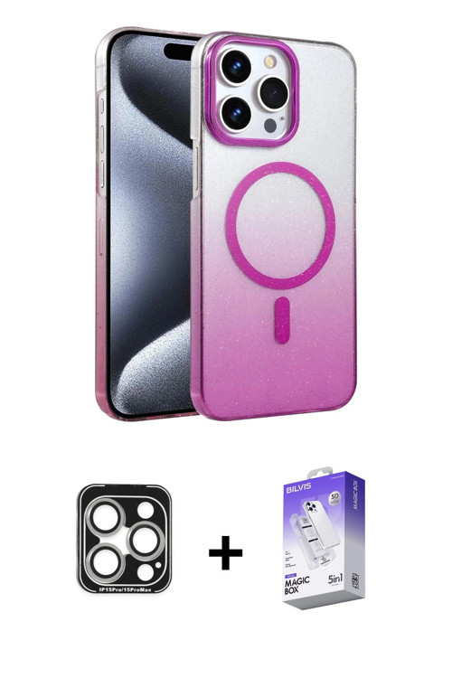 iPhone 15 Pro Max Kılıf Ahenk Doku Özel Seri - Siyah Bilvis 5in1 3D Magic Cam Ekran Koruyucu +