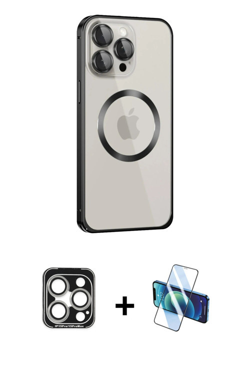 iPhone 15 Pro Max Kılıf Ahenk Işık Serisi - Siyah 3D Antistatik Cam Ekran Koruyucu + Gümüş PVD