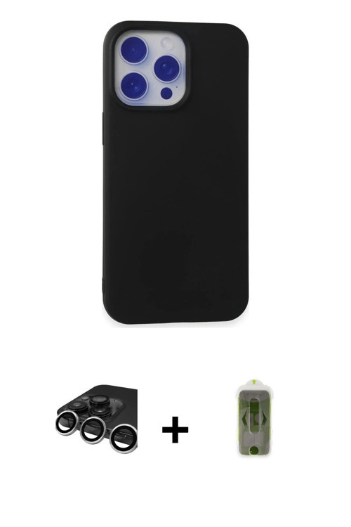 iPhone 15 Pro Max Kılıf Ahenk Serisi - Siyah Joko Magic 5D Hayalet Cam + Gümüş Raze Metal Kamer