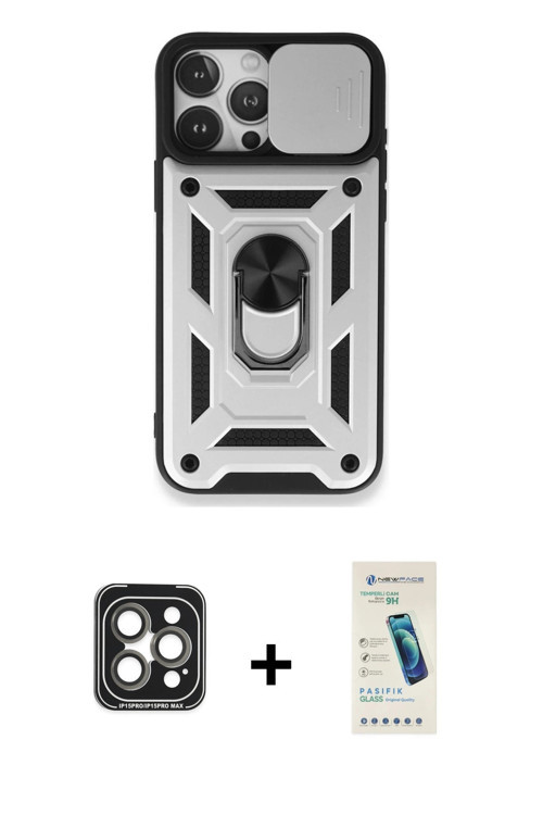 iPhone 15 Pro Max Kılıf Ahenk Klasik - Şeffaf Pasifik Cam Ekran Koruyucu + Gri PVD Metal Kamera