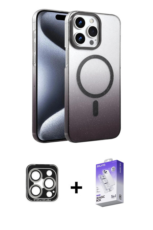 iPhone 15 Pro Max Kılıf Ahenk Doku Özel Seri - Siyah Bilvis 5in1 3D Magic Cam Ekran Koruyucu +