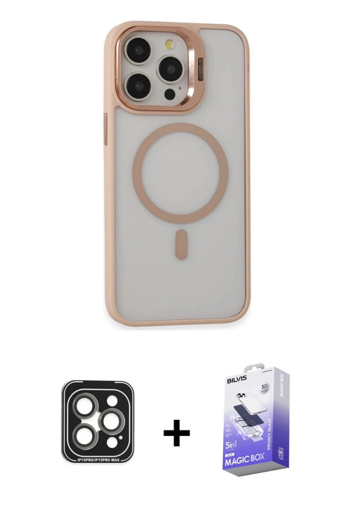 iPhone 15 Pro Max Kılıf Ahenk Klasik Özel Seri - Siyah Bilvis 5in1 5D Magic Hayalet Cam Ekran K