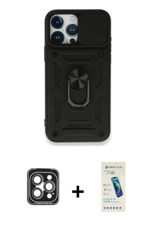 iPhone 15 Pro Max Kılıf Ahenk Klasik - Şeffaf Pasifik Cam Ekran Koruyucu + Gri PVD Metal Kamera