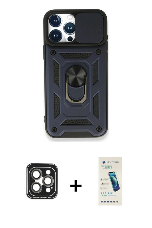 iPhone 15 Pro Max Kılıf Ahenk Klasik - Şeffaf Pasifik Cam Ekran Koruyucu + Gri PVD Metal Kamera