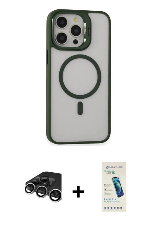iPhone 15 Pro Max Kılıf Ahenk Klasik Özel Seri - Şeffaf Pasifik Cam Ekran Koruyucu + Gümüş Raze
