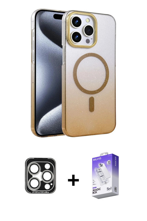 iPhone 15 Pro Max Kılıf Ahenk Doku Özel Seri - Siyah Bilvis 5in1 3D Magic Cam Ekran Koruyucu +