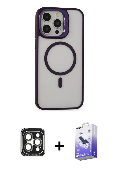 iPhone 15 Pro Max Kılıf Ahenk Klasik Özel Seri - Siyah Bilvis 5in1 5D Magic Hayalet Cam Ekran K