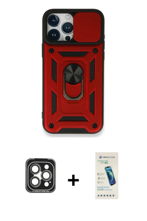 iPhone 15 Pro Max Kılıf Ahenk Klasik - Şeffaf Pasifik Cam Ekran Koruyucu + Gri PVD Metal Kamera