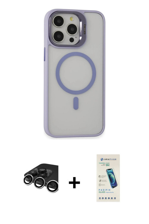 iPhone 15 Pro Max Kılıf Ahenk Klasik Özel Seri - Şeffaf Pasifik Cam Ekran Koruyucu + Gümüş Raze