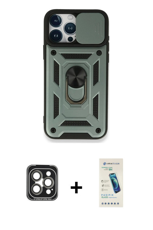 iPhone 15 Pro Max Kılıf Ahenk Klasik - Şeffaf Pasifik Cam Ekran Koruyucu + Gri PVD Metal Kamera